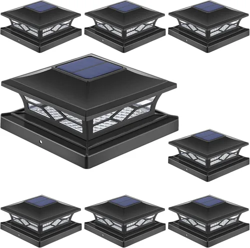 Vista 14 de APONUO - Luces solares para punta de poste, 4x4 de plástico negro impermeables para exteriores, LEDs blanco cálido/blanco frío, decoración