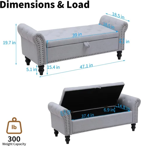 Vista 42 de Babion Banco otomano de almacenamiento con brazos, banco de extremo de cama para dormitorio, banco de almacenamiento con botones para entrada, sala