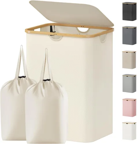 Vista 15 de Lifewit - Canasta de lavandería de 100L con tapa, cestas de ropa para la lavandería con asas de bambú y una bolsa de lavandería extraíble, cesto