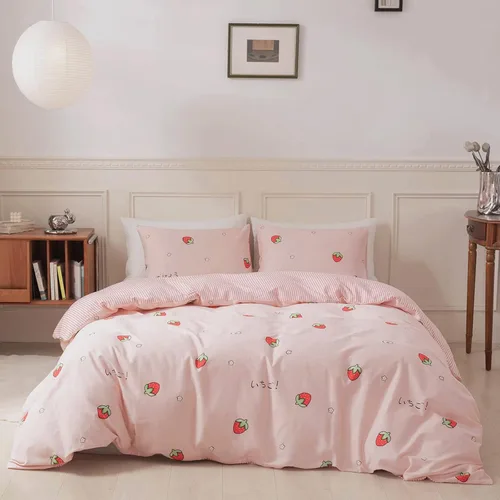 Vista 20 de DREAMINGO - Juego de funda de edredón con diseño de fresas para niños, niñas, tamaño individual, de algodón, con cremallera, juego de ropa de cama