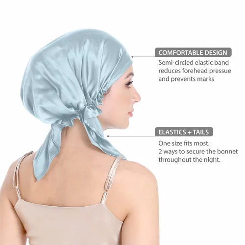 Vista 2 de SissiLita Gorro de seda 100% para dormir, gorro de seda grande con banda de amarre para el cuidado del cabello rizado (azul)