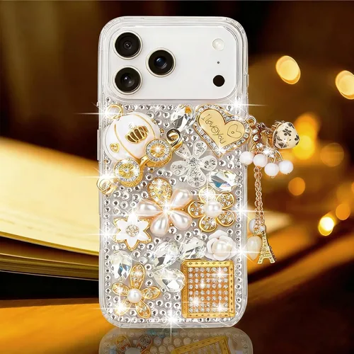 Vista 12 de Guppy Funda para iPhone 11 Pro Max para mujer de lujo 3D Bling brillante diamantes de imitación perla de cristal hecho a mano colgante de torre