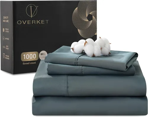 Vista 9 de Sábanas de algodón egipcio tamaño matrimonial de 1000 hilos, tejido satinado, suave, transpirable, bolsillo profundo de 16 pulgadas, 4 piezas