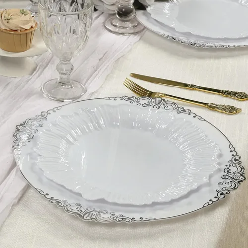 Vista 51 de Efavormart - Paquete de 6 platos de carga redondos de plástico morado de 13 pulgadas, con borde con volantes, para bodas, eventos
