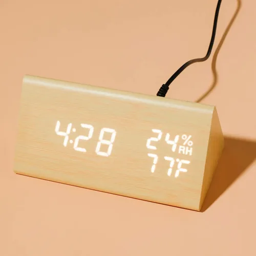 Vista 2 de OCT17 Reloj despertador de madera, reloj despertador de madera, reloj digital LED inteligente para dormitorio/escritorios, mejorado con temperatura