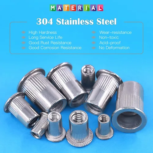 Vista 3 de Glarks 180 piezas #8-32#10-24 1/4"-20 5/16"-18 3/8"-16 UNC Kit surtido de tuercas remachables 304 de acero inoxidable cabeza plana roscado inserción