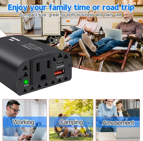 Vista 5 de 150W inversor de corriente de coche DC 12V a 110V AC adaptador de salida de coche con PD 25W &QC3.0 puertos USB cargador de coche para laptop