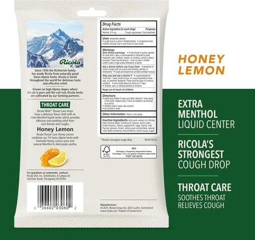 Vista 4 de Ricola Max Honey Lemon & Swiss Cherry - Bolsas grandes para el cuidado de la garganta con centro líquido, 34 unidades (paquete de 2)