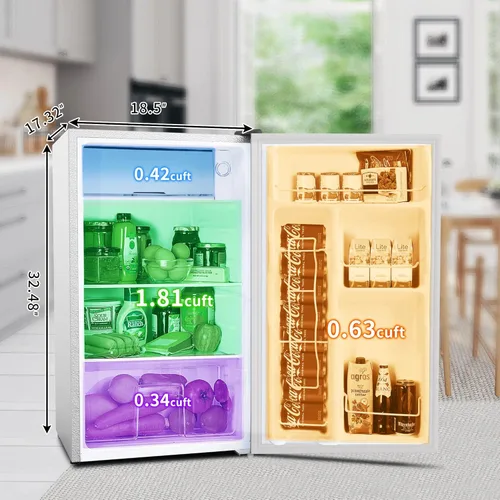 Vista 3 de Bounv - Refrigerador compacto con congelador, mini refrigerador de 3.2 pies cúbicos con puerta reversible, 5 ajustes de temperatura ajustable
