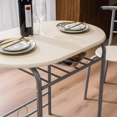 Vista 6 de Juego de mesa redonda y silla de madera de 3 piezas para cocina, comedor, espacio compacto con marco de acero, estante de vino incorporado (blanco)