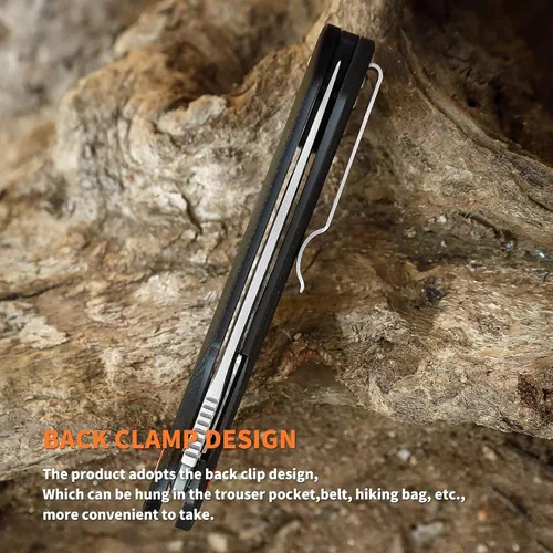 Vista 7 de Cuchillo de bolsillo plegable EDC Tactical Knife Camping Survival Knife 3.54'' D2 Blade acero y G10 Handle Liner Lock Clip reversible para uso