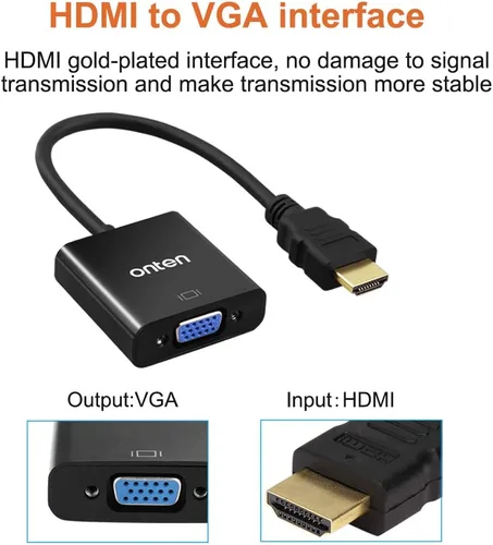 Vista 4 de ONTEN Cable HDMI a VGA. Convertidor HDMI macho a VGA macho con conector de audio de 0.138 in para TV Stick, Raspberry Pi, portátil, monitor, PC
