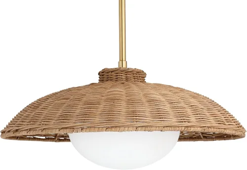Vista 3 de Nathan James Belleville Lámpara colgante de ratán boho con difusor, lámpara de techo inclinada con pantalla de ratán y difusor de vidrio