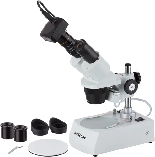 Vista 5 de AmScope SE306R-PZ-E Microscopio estéreo binocular digital montado hacia adelante, oculares WF10x y WF20x, aumento 20X/40X/80X, objetivos 2X y 4X