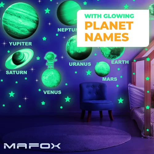 Vista 2 de MAFOX Brillan en los planetas oscuros, calcomanías de pared del sistema solar brillante, Tierra Sol, Marte y así sucesivamente, 9 calcomanías