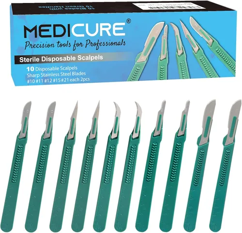 Vista 10 de Medicure - Bisturíes desechables de varios tamaños, cuchillas afiladas de acero inoxidable Paquete de 10 Bolsas individuales estériles