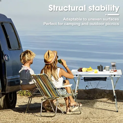 Vista 8 de ERYTLLY Mesa de camping plegable, mesa de picnic portátil al aire libre con patas ajustables, mesa de playa de aluminio ligera con mesa enrollable
