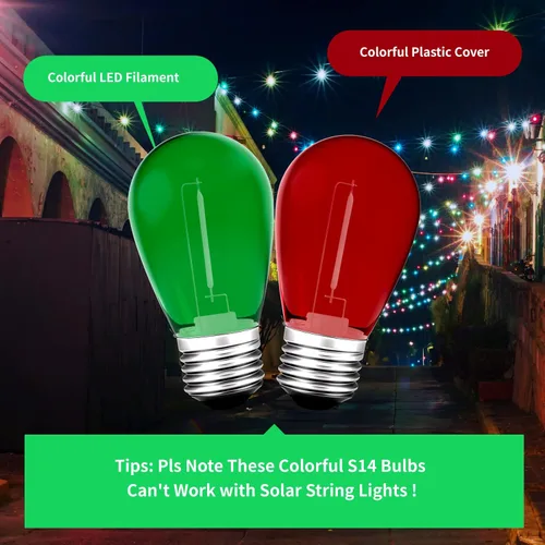 Vista 4 de Bombillas LED de luz de cadena S14 de color, paquete de 24 bombillas de 1 W, de plástico irrompible e impermeable, para interiores y exteriores