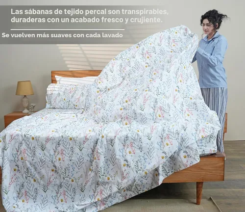 Vista 3 de RUVANTI Sábanas 100% algodón percal tamaño Queen, diseño floral refrescante y transpirable, duraderas, con una sensación nítida, suave y cómoda