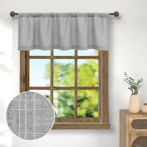 Vista 12 de Cenefa de ventana de lino natural para cocina con bolsillo para barra de 3 pulgadas; cenefa semitraslúcida para filtrar la luz estilo bohemio