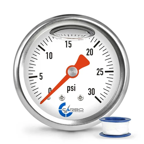 Vista 16 de Medidor de presión de combustible de 1-1/2", carcasa de acero inoxidable 304, conexión de latón cromado, relleno de glicerina, 0-15 psi, precisión