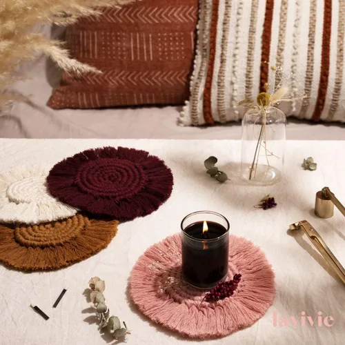 Vista 4 de Posavasos de macramé, tejidos bohemios, hechos a mano, absorbentes, para escritorio, cocina, comedor, bebida, picnic, inauguración de la casa