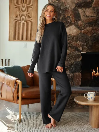 Vista 5 de LILLUSORY Conjuntos de 2 piezas para mujer, conjuntos de descanso de otoño de gran tamaño, suéteres a rayas, suéter de punto acogedor de manga larga