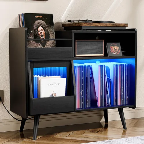 Vista 11 de MULEJYBO Soporte Grande Blanco para Tocadiscos con Puerta Corredera, Gabinete de Almacenamiento para 350 Discos de Vinilo, Mesa para Tocadiscos