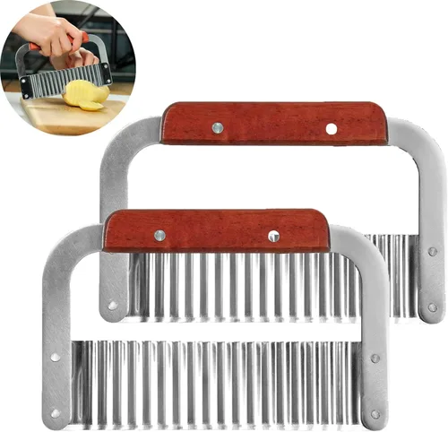 Vista 7 de Paquete de 2 cortadores de arrugas para verduras, cuchillo de acero inoxidable ondulado para picar patatas fritas con mango de madera, herramienta