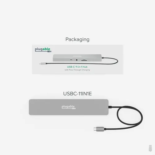Vista 7 de Plugable Concentrador USB-C 11 en 1, paso USB-C de 100 W, estación de acoplamiento para computadora portátil, monitor doble, HDMI 4K 60Hz
