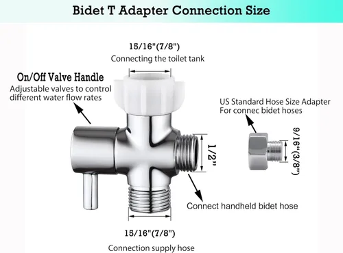Vista 2 de Adaptador T de bidé con válvula de cierre, válvula T de 3 vías para bidé, adaptador T de latón para inodoro manual, 7/8"×7/8"×1/2" o 3/8