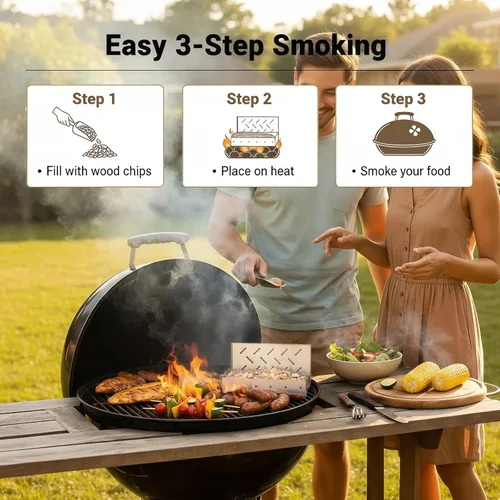 Vista 3 de Caja para ahumar para parrilla de gas, caja para virutas de madera de acero inoxidable para todas las parrillas y hornos, tapa abatible, accesorios