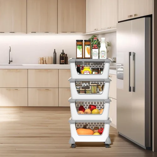 Vista 6 de Morcte Paquete de 5 cestas de almacenamiento apilables de plástico con tapas, cesta organizadora apilable con ruedas, color gris Stacking