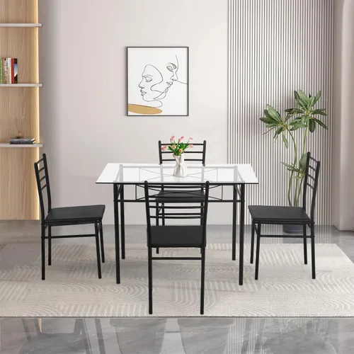 Vista 8 de FDW Juego de mesa de comedor clásica de 5 piezas, mesa superior de vidrio con marco de metal y 4 sillas modernas rectangulares, juego de mesa