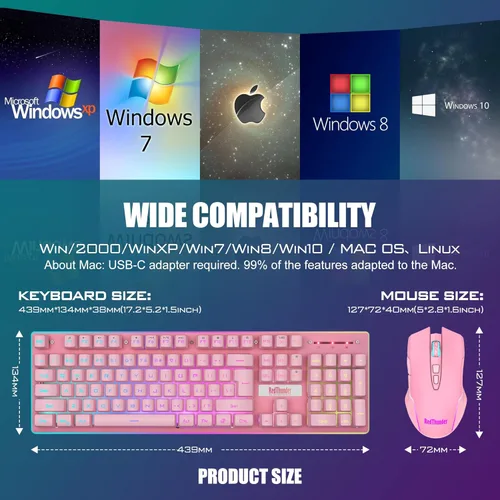 Vista 7 de RedThunder K10 - Combo de teclado y ratón inalámbricos para juegos, retroiluminación LED, batería recargable de 3800 mAh, teclado antighosting