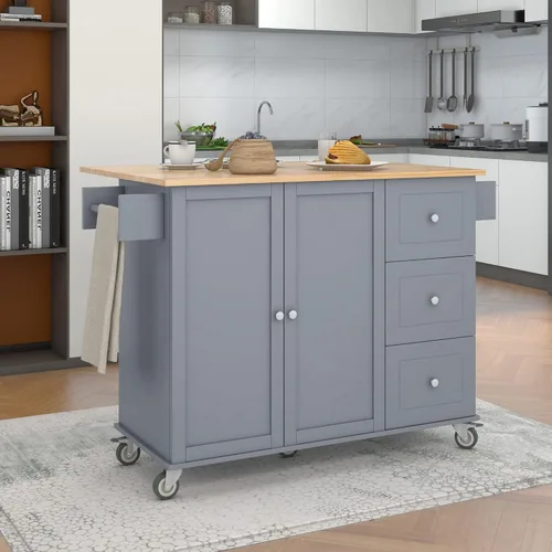 Vista 56 de P PURLOVE Carrito de isla de cocina con parte superior de madera y ruedas de bloqueo, carrito móvil de isla de cocina con armario de 4 puertas
