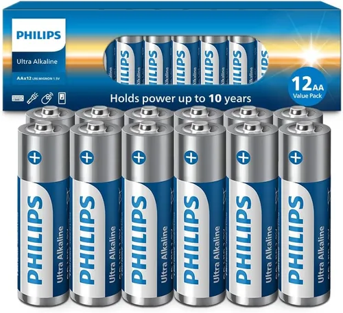 PHILIPS Paquete de 12 pilas AA | Batería doble A ultra alcalina de 1.5 V | 132% más de potencia que el estándar de la industria | Larga duración |