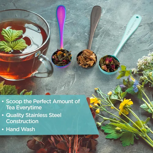 Vista 2 de Cuchara de té de hojas sueltas medida Una taza de té perfecto Cuchara de acero inoxidable (azul de los años 50)