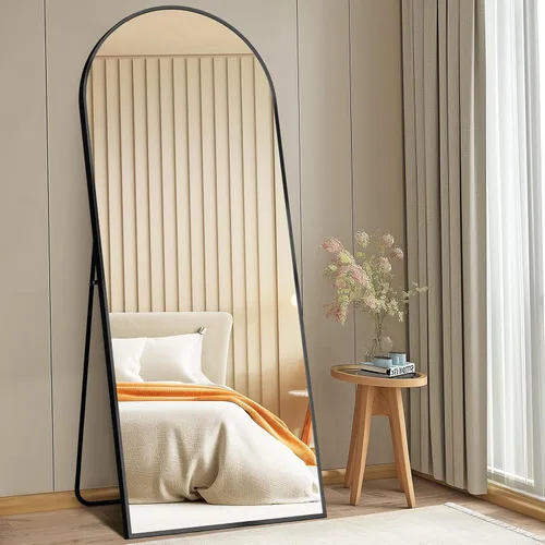 Vista 27 de DUMOS - Espejo de pie arqueado de cuerpo completo con soporte, marco de aluminio, para colgar o apoyar, nanocristal inastillable, para decorar
