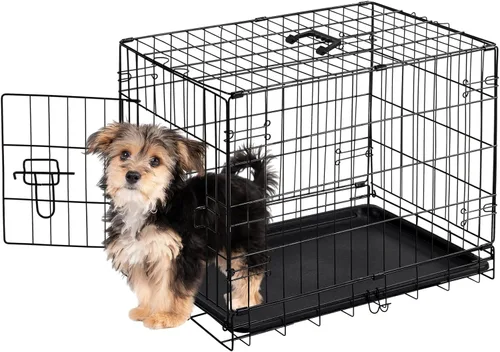 Vista 12 de Sweetcrispy Jaula para perros de 36 pulgadas, jaulas medianas de doble puerta plegable de alambre de metal con bandeja de plástico a prueba