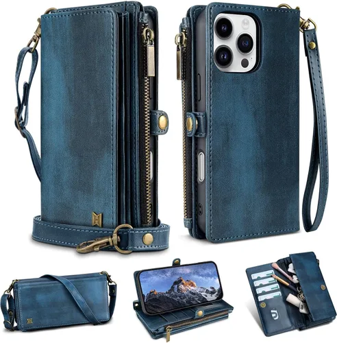 Vista 13 de Funda tipo cartera para iPhone 16 Pro Max con 8 tarjeteros, bloqueo RFID, piel sintética, función atril, abatible, correa de muñeca y correa