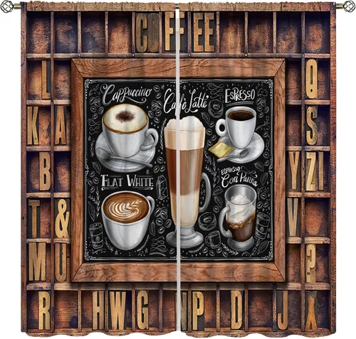 Vista 9 de Cortinas de cocina con temática de café, juegos de 2 paneles, 42 x 45 pulgadas, patrón de fiesta de té para decoración de café Estilo-5