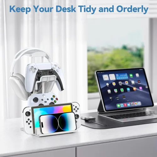 Vista 4 de KDD Headphone Stand, Controller Holder & Headset Holder for Desk, Earphone Stand with Aluminum Supporting Bar, Universal Storage Organizer