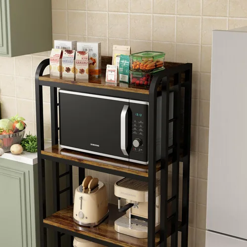 Vista 5 de Estante de cocina de 4 niveles con ruedas giratorias, soporte para carrito de horno de microondas, unidad de almacenamiento ajustable, estante