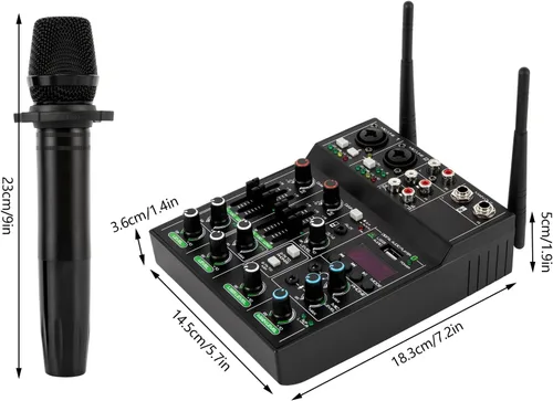 Vista 9 de Mezclador de audio profesional, mezclador de sonido de 4 canales con micrófono inalámbrico doble, consola de tablero de sonido, MP3, Bluetooth, 48V
