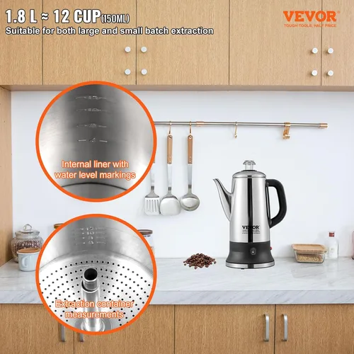 Vista 2 de VEVOR Cafetera Eléctrica de 12 Tazas con Percolador, Cafetera de Acero Inoxidable 304 con Función de Mantenimiento en Calor y Mango Resistente al