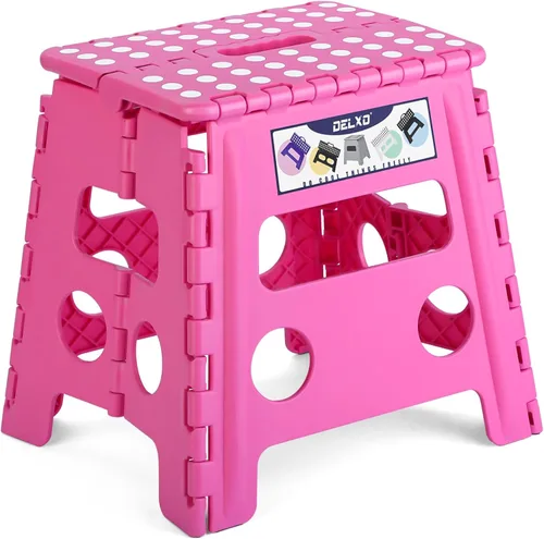 Vista 39 de Delxo Taburete plegable de 17.5 pulgadas, taburete plegable para adultos con bloqueo de seguridad, taburete plegable portátil de plástico, taburetes