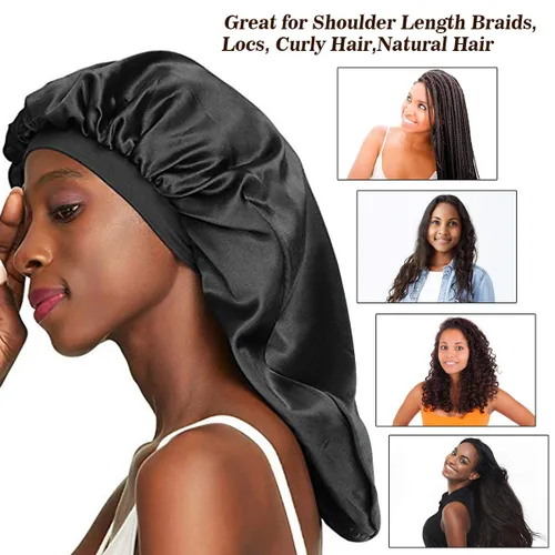 Vista 6 de Gorro largo de satén para dormir, extra grande, de seda, con banda elástica ancha, suelto, para mujer, trenzas, cabello rizado, cabello natural, muy