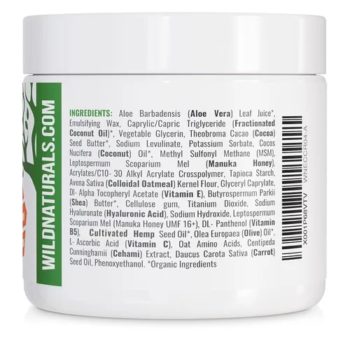 Vista 8 de Crema Wild Naturals para eccema y psoriasis con miel de manuka + aloe vera + manteca de karité + aceite de coco + aceite de cáñamo, 1, 1