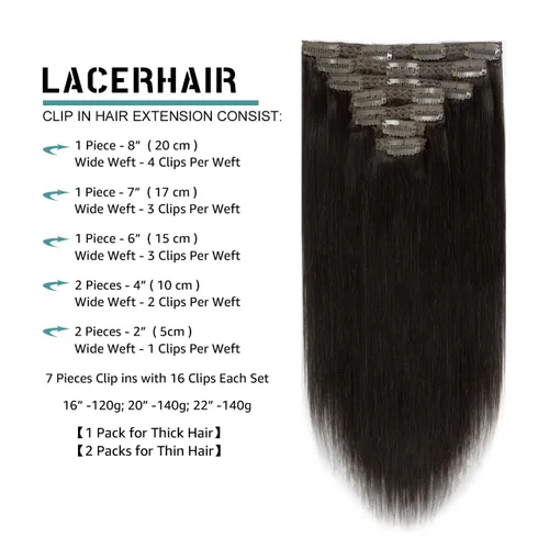 Vista 2 de Lacer Extensiones de cabello humano real con clip, 4.23 oz, 7 piezas de extensiones de cabello humano Remy liso y sedoso, extensiones de cabello